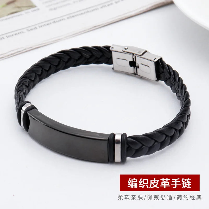 Bracelet Cuir Tressé Homme – Gravure Personnalisée Stainless Steel Braided Genuine Leather Men Bracelets custom engraved name Bangles Punk Rock Male Wrist Band Jewelry