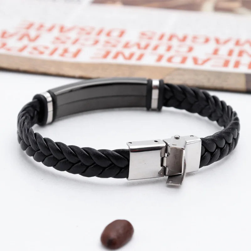 Bracelet Cuir Tressé Homme – Gravure Personnalisée Stainless Steel Braided Genuine Leather Men Bracelets custom engraved name Bangles Punk Rock Male Wrist Band Jewelry