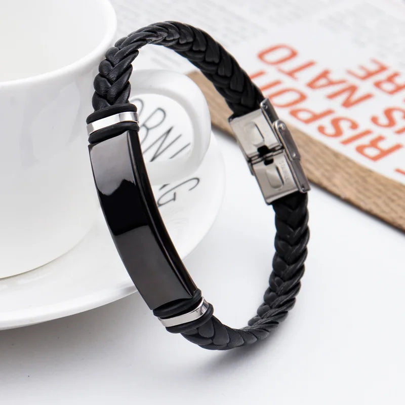 Bracelet Cuir Tressé Homme – Gravure Personnalisée Stainless Steel Braided Genuine Leather Men Bracelets custom engraved name Bangles Punk Rock Male Wrist Band Jewelry