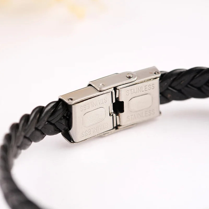 Bracelet Cuir Tressé Homme – Gravure Personnalisée Stainless Steel Braided Genuine Leather Men Bracelets custom engraved name Bangles Punk Rock Male Wrist Band Jewelry