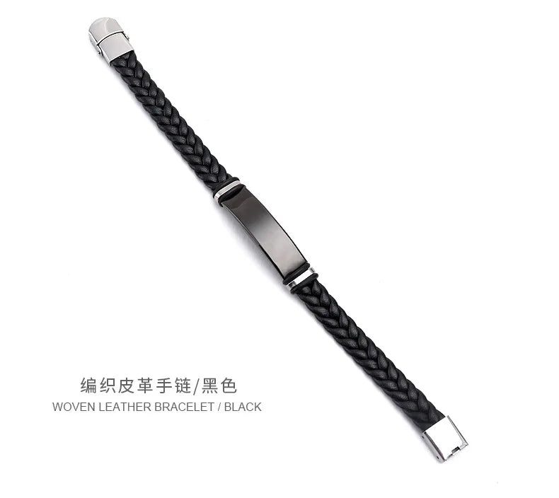 Bracelet Cuir Tressé Homme – Gravure Personnalisée Stainless Steel Braided Genuine Leather Men Bracelets custom engraved name Bangles Punk Rock Male Wrist Band Jewelry