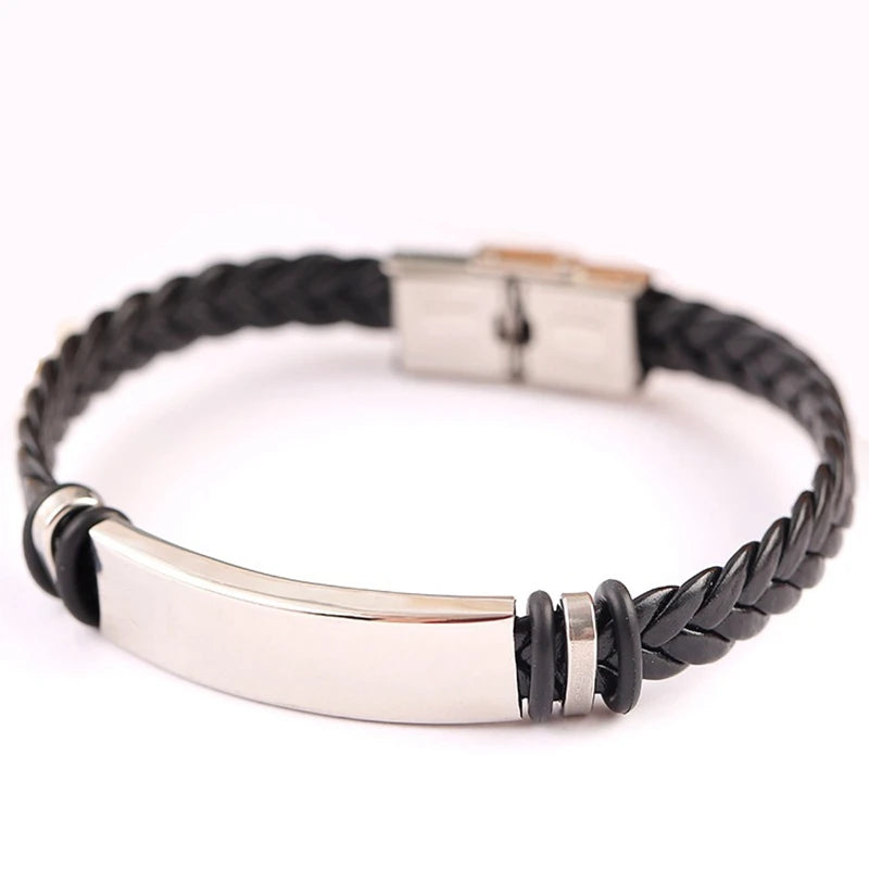 Bracelet Cuir Tressé Homme – Gravure Personnalisée Stainless Steel Braided Genuine Leather Men Bracelets custom engraved name Bangles Punk Rock Male Wrist Band Jewelry