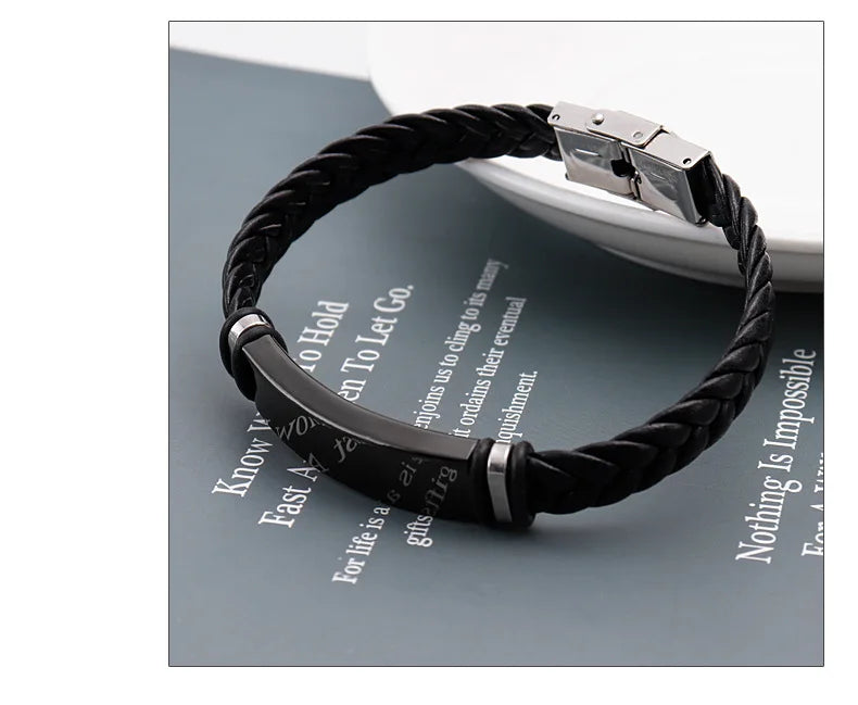 Bracelet Cuir Tressé Homme – Gravure Personnalisée Stainless Steel Braided Genuine Leather Men Bracelets custom engraved name Bangles Punk Rock Male Wrist Band Jewelry