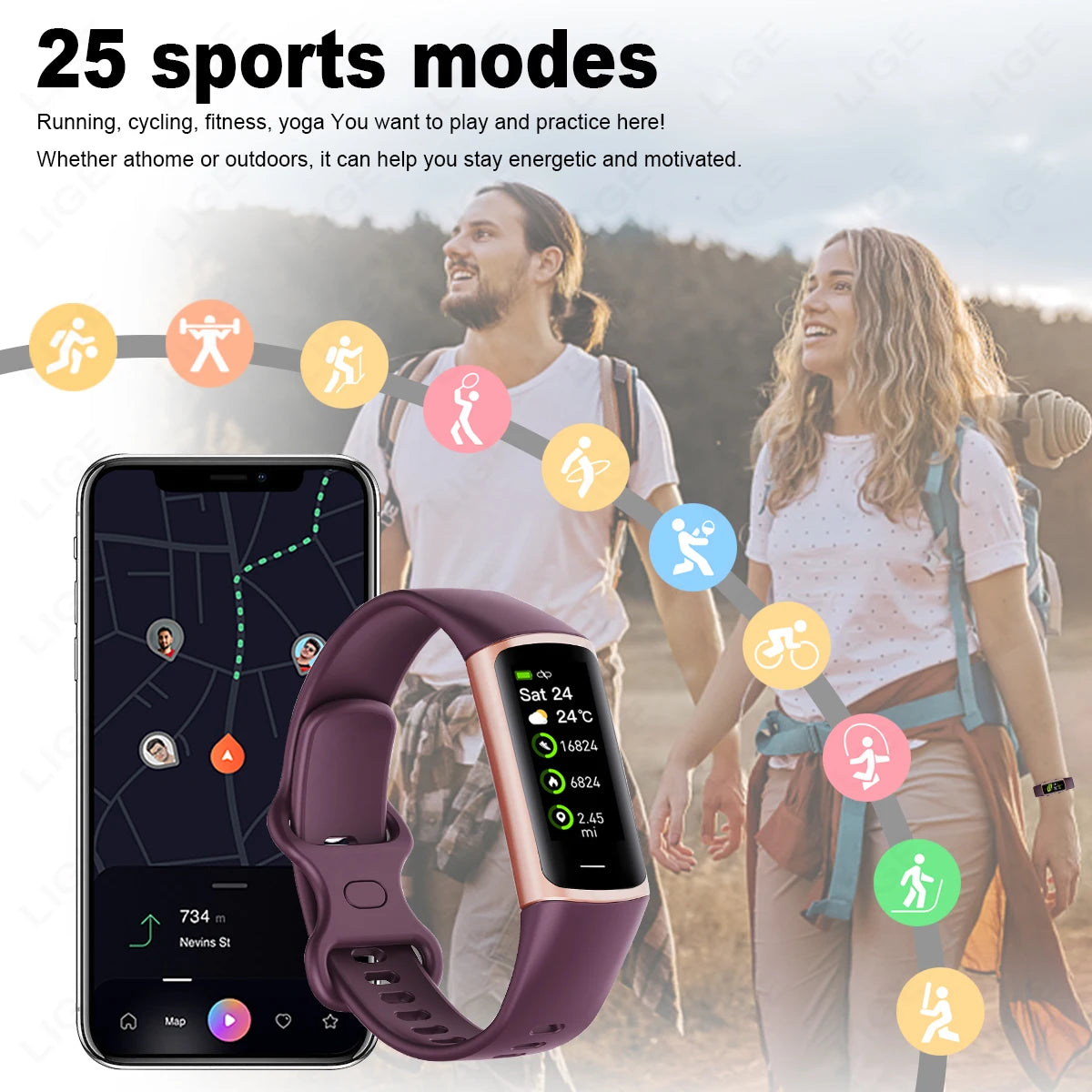 Montre Connectée Sport LIGE – Bracelet Intelligent Homme & Femme | Suivi Santé & Fitness, Écran AMOLED, Étanche IP67 | Compatible iOS & Android LDXdesign07