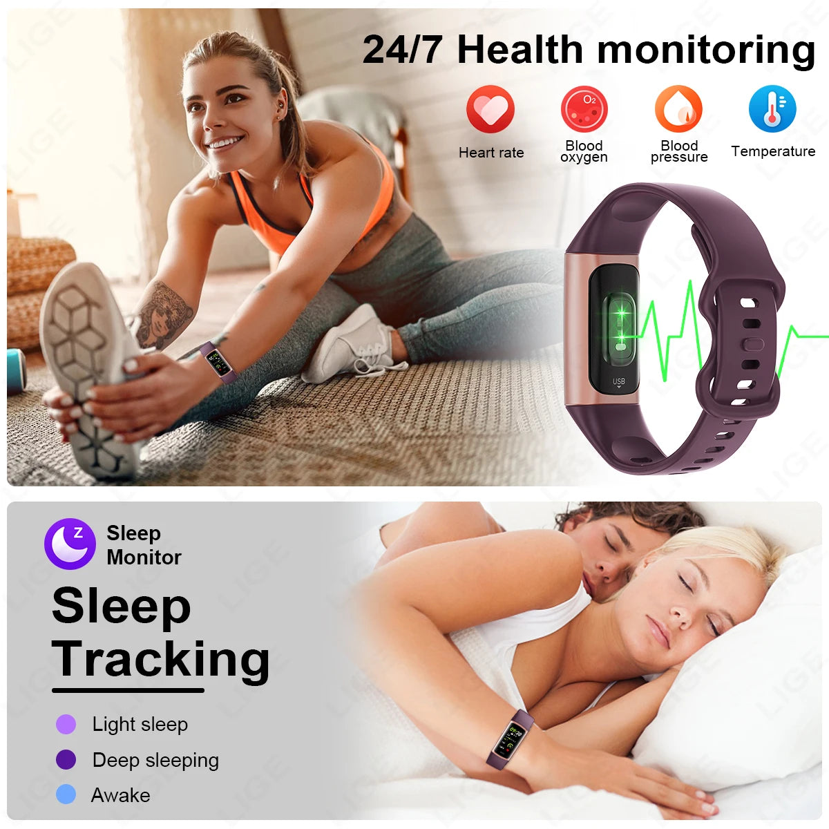 Montre Connectée Sport LIGE – Bracelet Intelligent Homme & Femme | Suivi Santé & Fitness, Écran AMOLED, Étanche IP67 | Compatible iOS & Android LDXdesign07