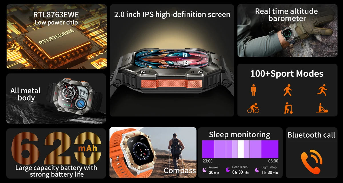  Montre Connectée Intelligente Homme – Design Militaire, Étanche, Multifonction – Compatible Android & iOS