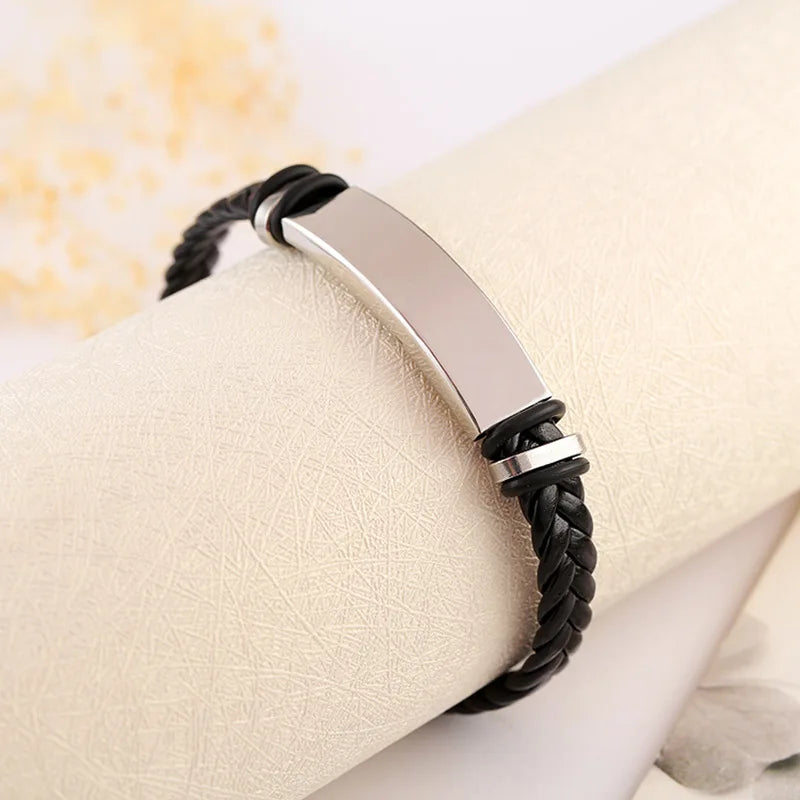 Bracelet Cuir Tressé Homme – Gravure Personnalisée Stainless Steel Braided Genuine Leather Men Bracelets custom engraved name Bangles Punk Rock Male Wrist Band Jewelry