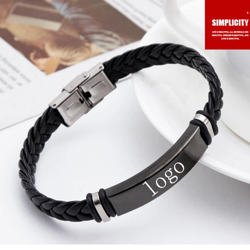 Bracelet Cuir Tressé Homme – Gravure Personnalisée Stainless Steel Braided Genuine Leather Men Bracelets custom engraved name Bangles Punk Rock Male Wrist Band Jewelry