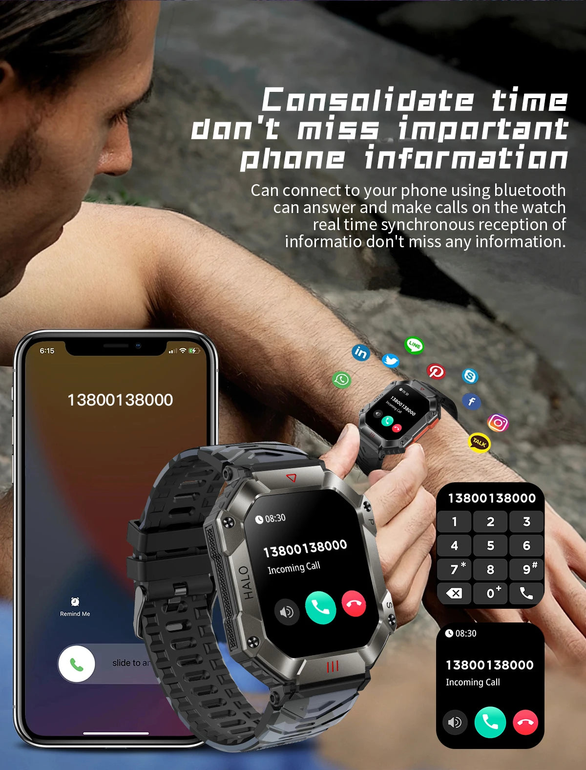  Montre Connectée Intelligente Homme – Design Militaire, Étanche, Multifonction – Compatible Android & iOS