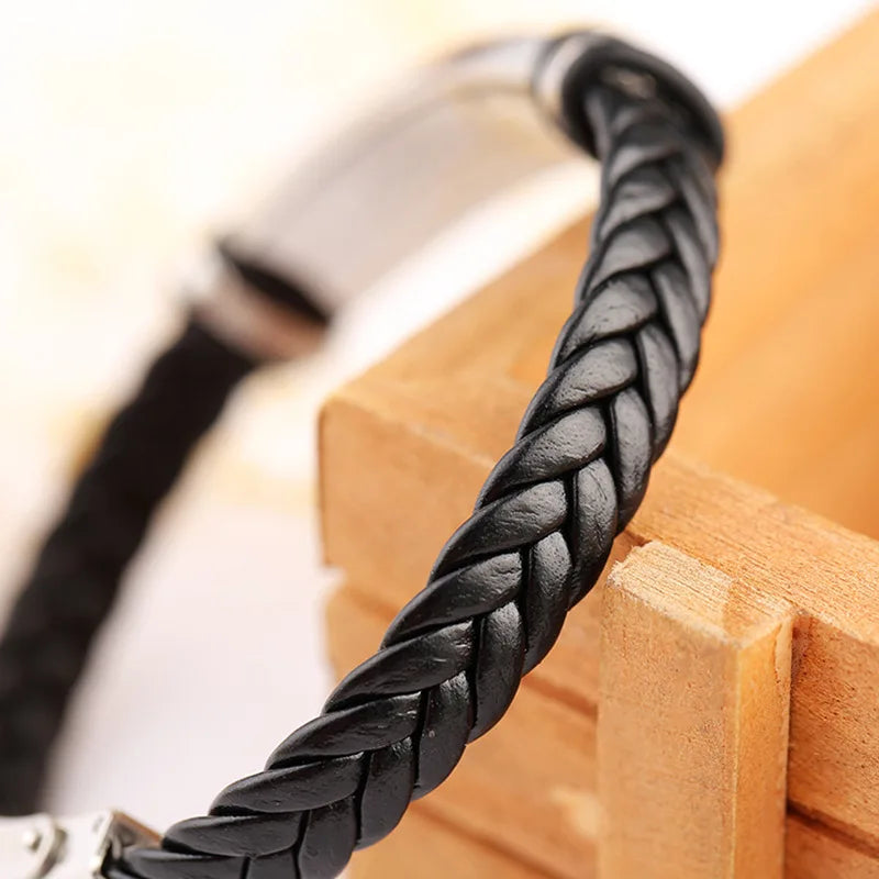 Bracelet Cuir Tressé Homme – Gravure Personnalisée Stainless Steel Braided Genuine Leather Men Bracelets custom engraved name Bangles Punk Rock Male Wrist Band Jewelry