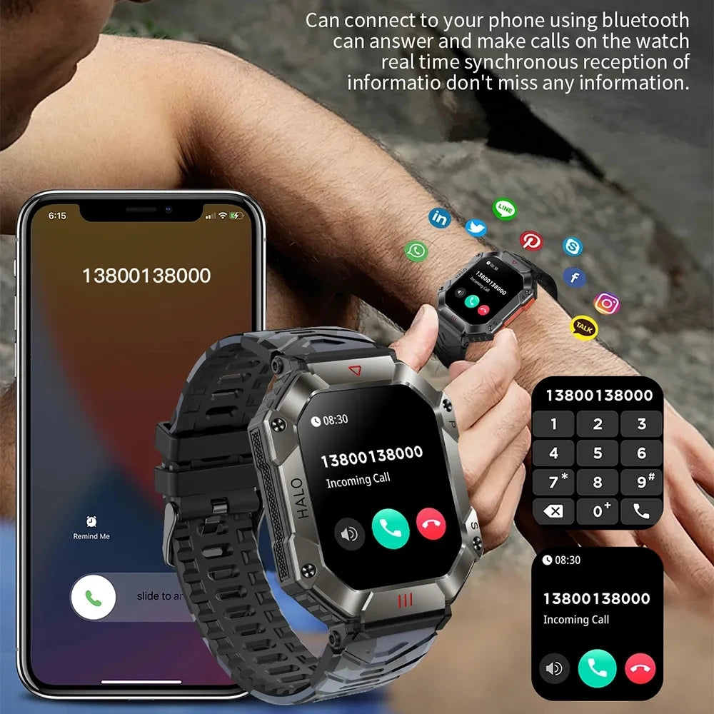 Montre Connectée Intelligente Homme – Design Militaire, Étanche, Multifonction – Compatible Android & iOS