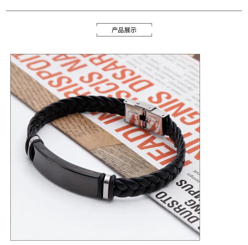 Bracelet Cuir Tressé Homme – Gravure Personnalisée Stainless Steel Braided Genuine Leather Men Bracelets custom engraved name Bangles Punk Rock Male Wrist Band Jewelry