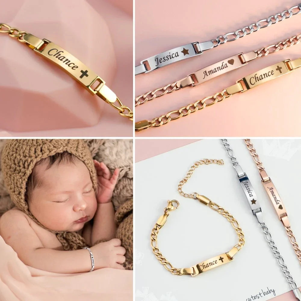 **Bracelet Bébé Personnalisé avec Pierre de Naissance – Gravure Prénom &amp; Date | Chaîne Figaro Ajustable – Cadeau Naissance ou Baptême par LDXdesign07*
