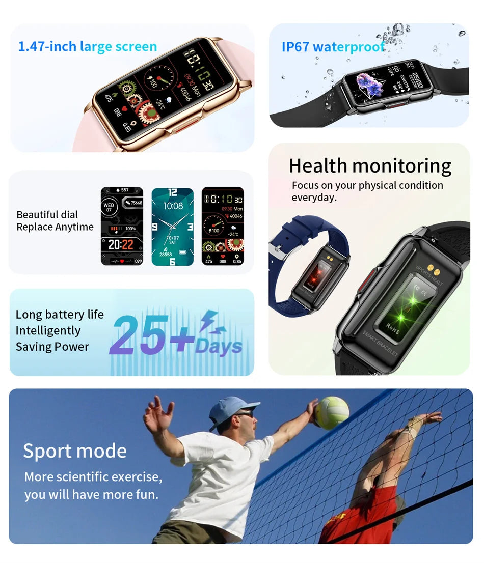 Montre Connectée Sport 2024 – Écran Tactile 1.47" | Tracker Fitness, Cardio, Sommeil, Notifications | Étanche IP67 | Pour iOS &amp; Android